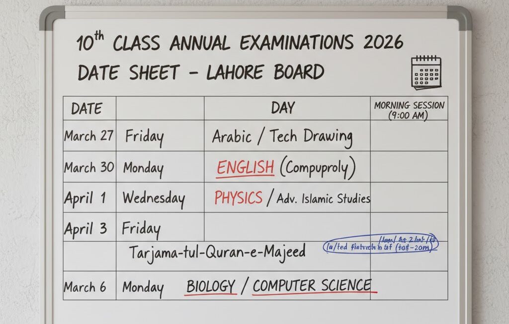 BISE Punjab – Matric (10th Class) Date Sheet 2026